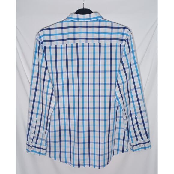 Alfani Slim Fit Stretch XL 17- 17.5 / 34-35 Men's Button Up Blue White Plaid - Picture 3 of 13
